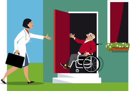 Doctor Making A House Call To A Elderly Disabled Person, EPS 8 Vector Illustration