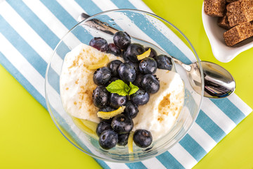 Appetizing fresh blueberries with plain yogurt and sugar. On green and blue background.
