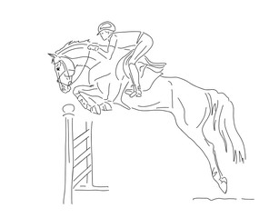 Equestrian, show jumping. A sketch of a rider with horse jumping over an obstacle.