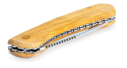 Penknife made of wood scales isolated on white background.