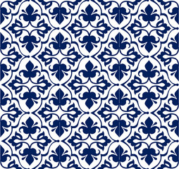 Printed indigo dye,seamless ethnic floral geometric pattern. Traditional oriental ornament.