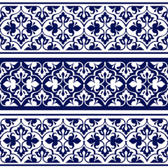 Indigo seamless ethnic floral pattern. Seamless ethnic floral geometric border.