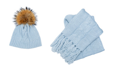 Winter beanie and scarf set isolated on white background