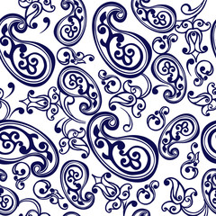 Oriental seamless paisley pattern in blue colors. Decorative ornament backdrop for fabric, textile, wrapping paper.