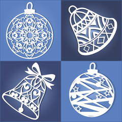 Set of openwork Christmas decorations. Laser cut paper christmas bell . Christmas decorations for wood carving, paper cutting.