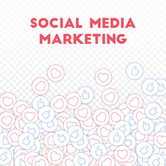 Social media icons. Social media marketing concept. Falling scattered thumbs up hearts. Scatter bott