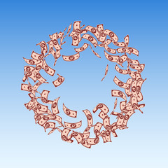 Russian ruble notes falling. Small RUB bills on blue sky background. Russia money. Bizarre vector il