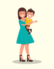 Happy mother holding his son. Vector illustration.