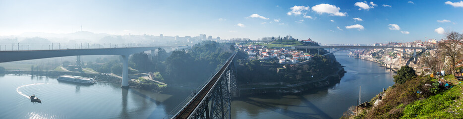 Ponte Maria Pia, Sao Joao and Ponte dom Luis bridges in Porto at sunny day, Portugal