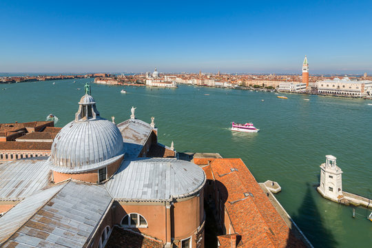 Aerial view of Cathedral San Giorgio Maggiore and Venice city, Italy