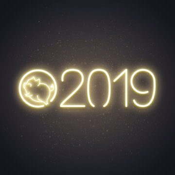 Cute pig neon logo, New year 2019 gold design, chinese horoscope symbol, vector illustration