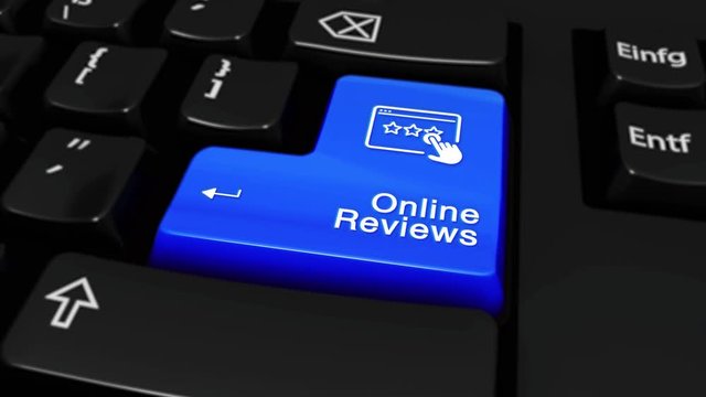 258. Online Reviews Round Motion On Blue Enter Button On Modern Computer Keyboard with Text and icon Labeled. Selected Focus Key is Pressing Animation. Social Media Concept