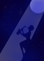 Woman playing saxophone at night in front of moonlight, illustration.Idea for a festival, concert poster, flyer 