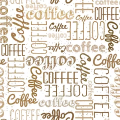 Tapeten Kaffee Nahtloses Muster von Kaffeewörtern. Dunkle helle Inschriften auf weißem Hintergrund. Kaffeefarben Chaotisch verstreute Wörter verschiedener Schriftarten