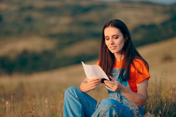 Woman Reading a Love Letter Outdoors in Nature