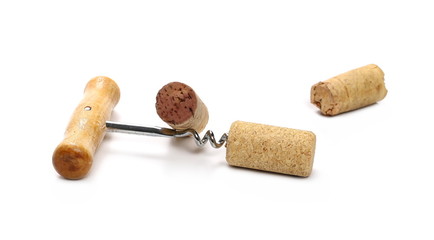 Corkscrew and wine cork isolated on white background
