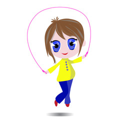 A little girl is happy to train jumping rope. Vector illustration