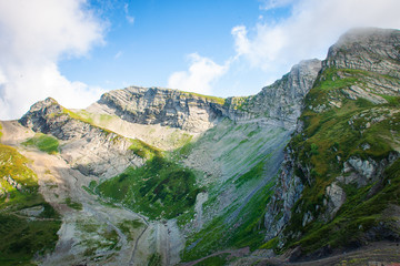 Green caucasus mountain landscape in Georgia, natural travel vacation background