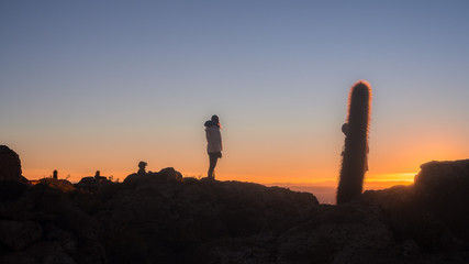 View on sunrise over island incahuasi by salt lake Uyuni in Bolivia