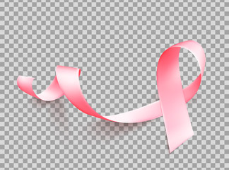 Realistic pink ribbon isolated over white background. Symbol of breast cancer awareness month in october. Vector