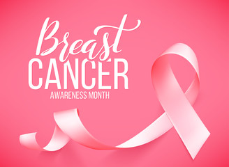 Poster with handdrawn lettering breast cancer. Realistic pink ribbon.