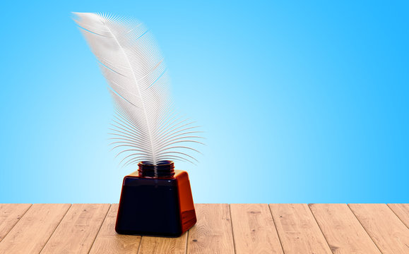 Feather and ink bottle on the wooden table. 3D rendering