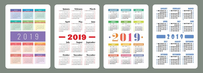 Calendar 2019. Colorful English vector calender set. Week starts on Sunday. Basic grid