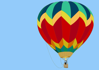 balloon with a basket and a flame from a burner, hovers in a blue sky