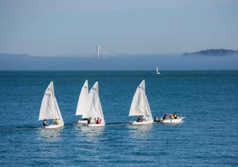 Photo sur Plexiglas Naviguer Sailing on the Bay / 4 white sailboats on the blue waters of San Francisco Bay and background fog.  