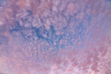Photo of a fiery sky at sunset. White-pink clouds against the blue sky. Suitable for any design.