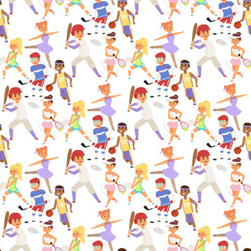 Sport wellness vector people characters sporting man activity woman sporty athletic seamless pattern background illustration.