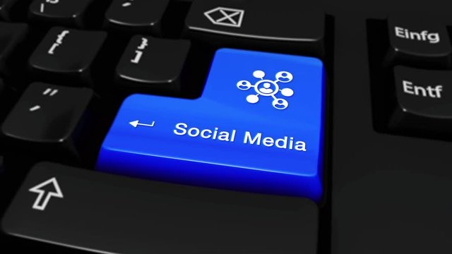 291. Social Media Round Motion On Blue Enter Button On Modern Computer Keyboard with Text and icon Labeled. Selected Focus Key is Pressing Animation. Social Media Concept
