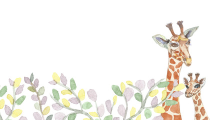 Watercolor giraffes in eucalyptus leaves, painted with a brush, handmade. Mother and child.