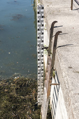 Hochwasser Messlatte im Hafenbecken von Lindau