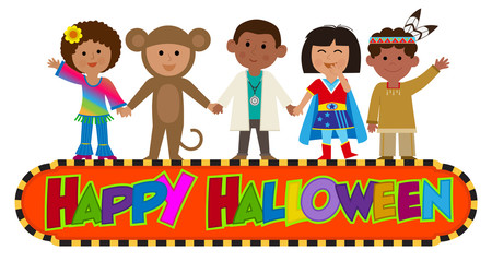 Kids Halloween - Happy Halloween banner with kids wearing costumes. Eps10