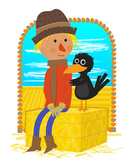 Scarecrow With Friend - Cute clipart of a scarecrow and a crow sitting on a haystack. Eps10