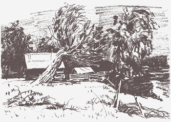 Sketch of a winter landscape of a countryside