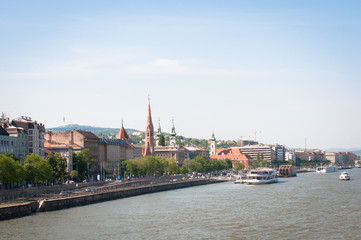 View on Buda and river Donau  from the Chain bridge in Budapest, Hungary .