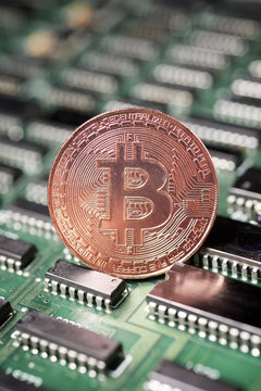 Close-up of bitcoin on mother board