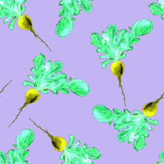 Watercolor Vegan Pattern. Seamless Hand Drawn  Vegetables. Healthy Food Print. Gardening Background. Greenery Repeatable Design for Menu, Restaurant, Salat Bar, Farmers Market. Redish. Vegetarian.