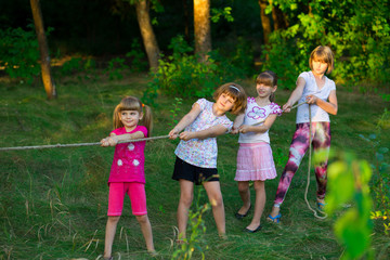 Fototapeta premium Group of happy children playing tug of war outside on grass. Kids pulling rope at park. Summer camp fun