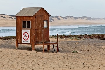 A wooden lifesaving hut on a beach in Port Alfred, South Africa. 
