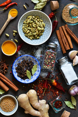 Mix of Asian spices: chili, ginger, garlic, cardamom, cinnamon. A set of spices for cooking.