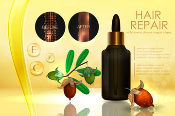 Hair conditioner with jojoba.extract. Hair before and after using shea butter. Vector