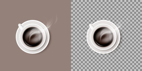 A hot steaming coffee drink in white ceramic cup or mug on round saucer. Vector realistic object isolated on transparent background