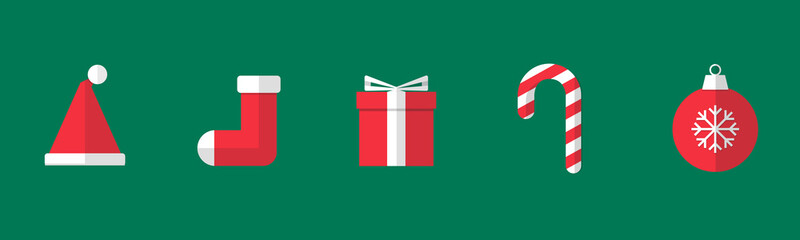 Christmas things like santa hat, christmas stocking, present box, candy cane, christmas ball. With only red & white gimmick. Green plain background. Simple flat style. 