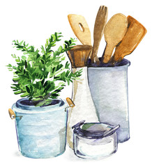 Still-life watercolor plant pot spatula white background