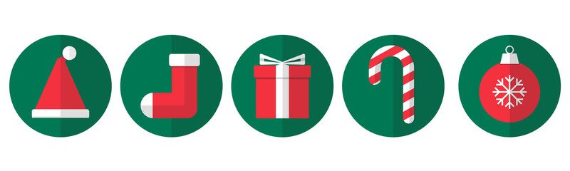 Christmas things like santa hat, christmas stocking, present box, candy cane, christmas ball. With only red & white gimmick. Green circles layer with white background. Simple flat style. 