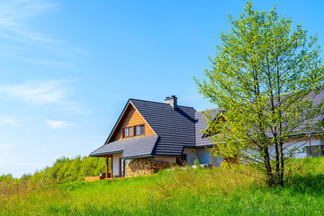 Side view of a house on green meadow during spring in countryside landscape near Krakow city, Poland