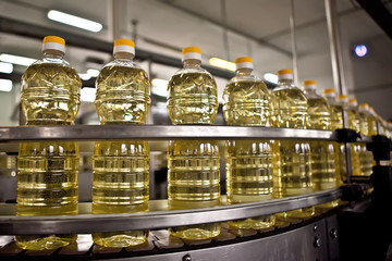 Sunflower oil in the bottle moving on production line. Shallow dof.